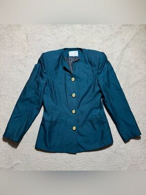 Le Suit Blazer Womens 4 Dress Barn Dark Teal Button-Up Lined Shoulder Pads Top